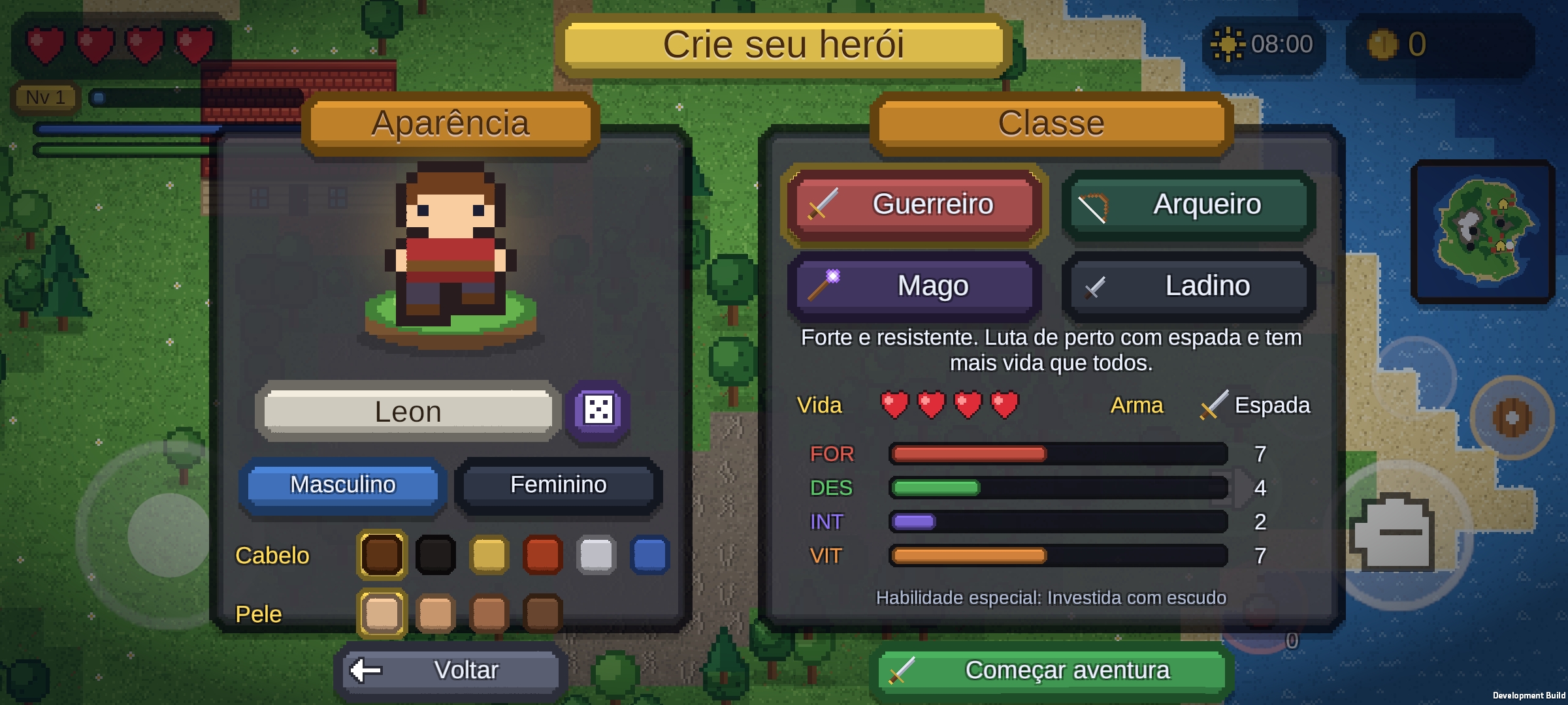 Tela de criação de personagem